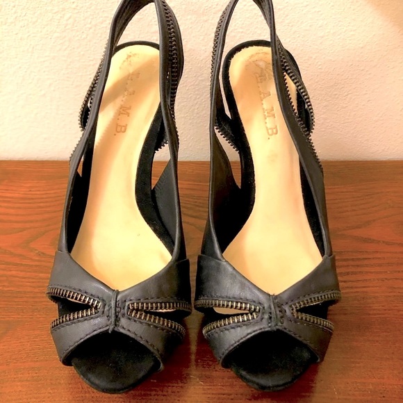 L.A.M.B. Black Zipper Slingback Open Toe Heels - Picture 2 of 13
